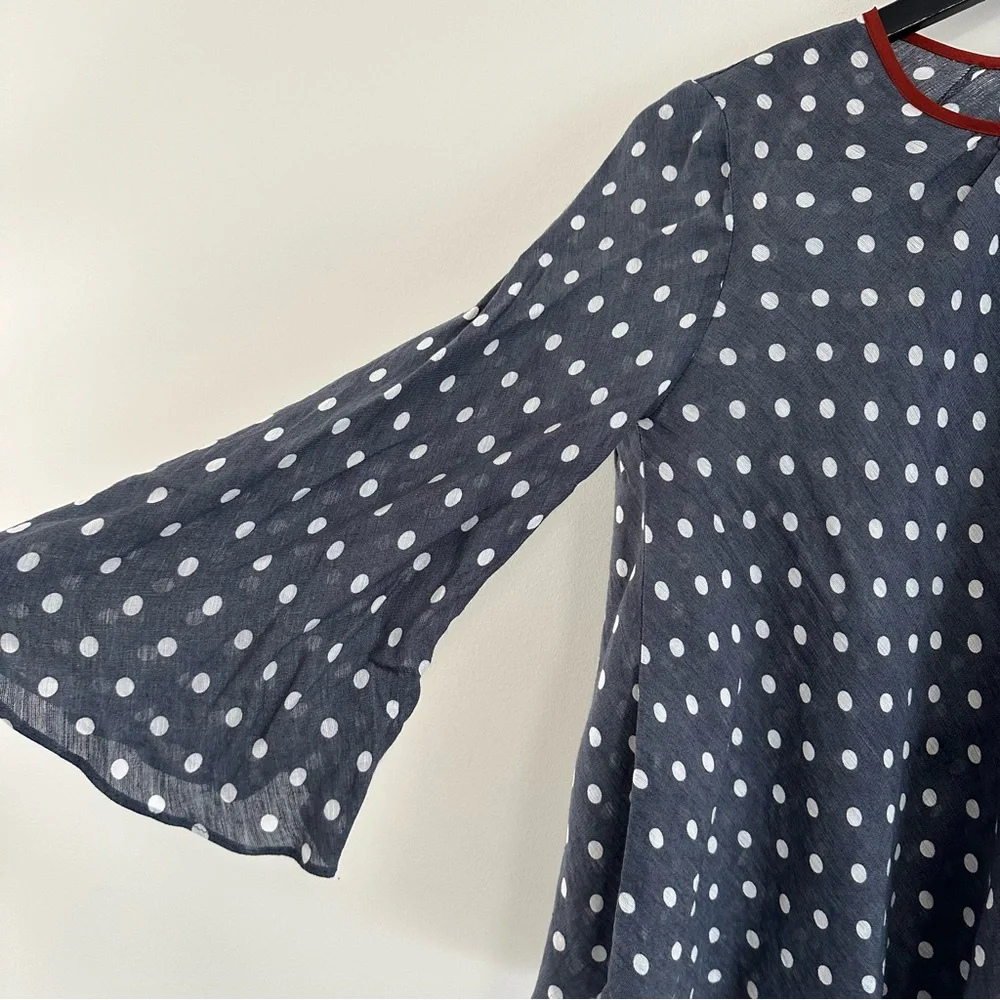 Smythe Bardot Blouse In Polka Dot Print Navy Blue Size XS - Picture 9 of 11